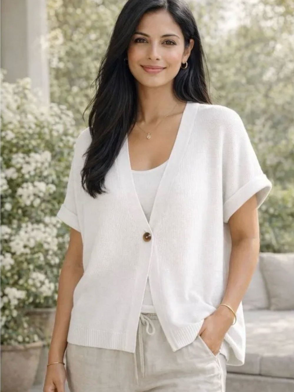 J. Jill White V-Neck Short Sleeve One Button Cardigan